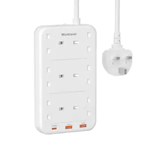 Wontravel 6路英国式电源扩展3 USB扩展引线电源插头插座，适用于英国阿联酋