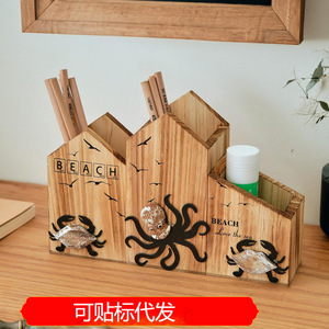 Wooden Crab Pen Holder Square Shape Uv Printing Beach Theme Office <b>Desk</b> Decor Gift - Product Image 5
