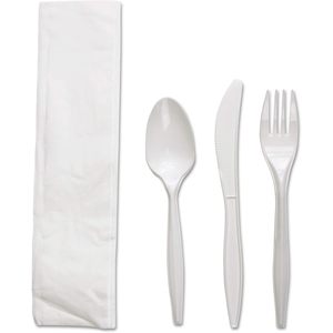 Juego de Cubiertos de Cuatro Piezas Boardwalk FKTNMWPPWH, Polipropileno Blanco, Tenedor/Cuchillo/Servilleta/Cuchara de Té, 250 Unidades por Paquete, para Hoteles y Campamentos - Product Image 1