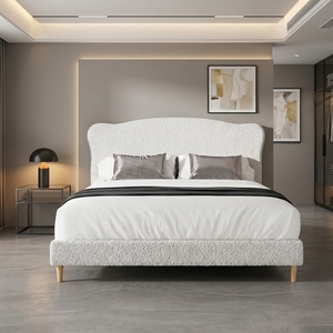 Modern European <strong>White</strong> Teddy Boucle Upholstered Platform Bed Curved Wing Headboard Solid <strong>Oak</strong> Legs <strong>Bedroom</strong> <strong>Furniture</strong> - Product Image 1