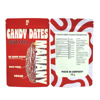 Sachet plat personnalisé à trois soudures latérales avec trou de suspension pour dattes séchées, cola acidulé, végétalien, sans sucre ajouté, idéal pour les snacks riches en fibres