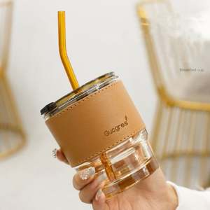 Tazas de bambú de doble pared con pajitas y fundas de cuero marrón para regalo corporativo, cumpleaños, Año Nuevo, uso diario - Product Image 5