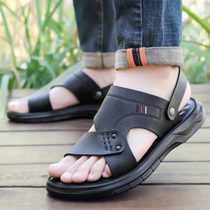 Men's Cross Strap <b>Sandals</b> Genuine Leather Open Toe Rubber Outsole Anti Slip Casual Summer Shoes Solid Pattern Embossed Logo - Product Image 4