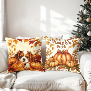 Bantal hias musim gugur dengan motif labu, anak anjing, gnome, dan minuman hangat untuk dekorasi rumah sesuai musim. - Product Image 3
