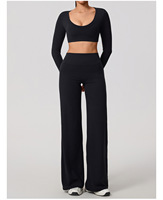 Ensemble de sport 2 pièces : Haut de yoga à manches longues, uni, anti-transpiration, à bretelles halter et pantalon drapé, avec dos ajouré, en Spandex/Nylon