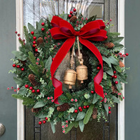 Guirlande de Noël artificielle pré-éclairée LINGKAI de 40 cm avec pommes de pin, baies rouges et nœud pour la décoration de fenêtres, d'hôtels et de centres commerciaux