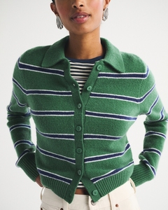 Cardigan en tricot rayé Leduo personnalisé pour femme, col polo, manches longues, boutonné, court, décontracté - Product Image 2