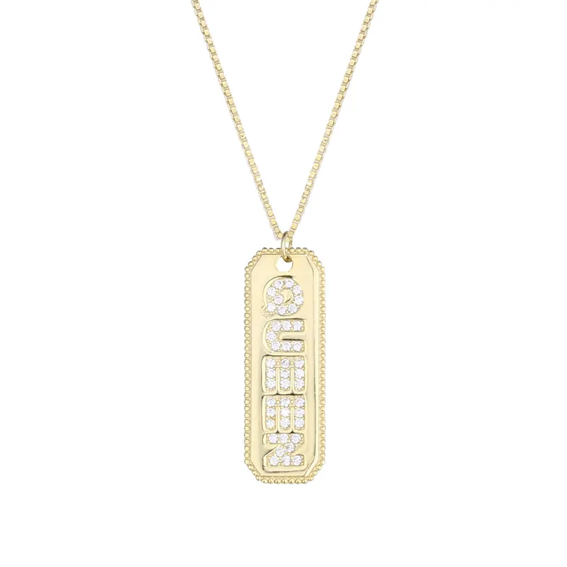 Nouveautés or plaqué Lettre reine Zircon carré pendentif 925 bijoux en argent collier