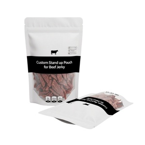 Bolsas de pie resellables con ventana transparente, laminadas con VMPET de alta barrera, impresas a medida y termosellables para envasado de snacks de carne. - Product Image 1