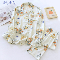 Ensemble de pyjama pour femme en viscose satinée de haute qualité, doux et léger, avec revers à motif floral froissé, manches longues et pantalon, idéal pour les séjours à domicile