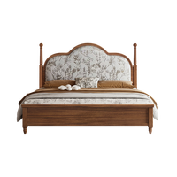 Neues Chinesisches Vintage Massivholz-Plattformbett, Gewölbtes Blumenmuster Stoffbezogenes Kopfteil Gaslift-Stauraumbett für Schlafzimmer