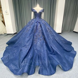 ANY259 <b>Glitter</b> Navy <b>Blue</b> Off Shoulder Lace Pattern Evening Ball Gown Drersses - Product Image 3