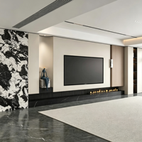 Meuble TV mural de luxe moderne haut de gamme avec foyer linéaire intégré et base en marbre noir pour projet de décoration de villa - Offre Spéciale
