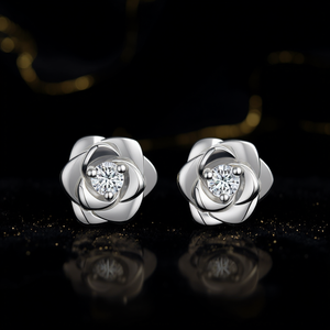 E2230 Orecchini a lobo con fiore in argento 925 con montatura a griffe di diamanti rotondi, romantici, da donna, per tutti i giorni, neri e oro - Product Image 2