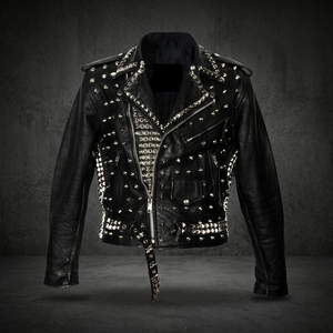<b>Men's</b> Black Silver <b>Studded</b> Leather Streetwear Biker Jacket with <b>Belt</b> Windproof & Eco-Friendly - Product Image 3