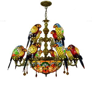 Retro 12 klasik papağan kuş tiffany vitray avize villa oturma odası bar restoran antika kristal kolye lamba - Product Image 1