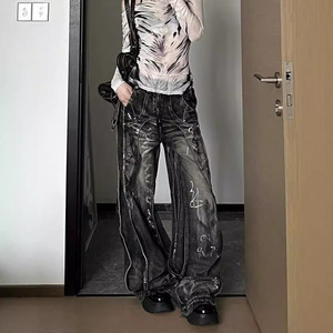 Pantalon cargo en jean ample et respirant tie-dye, style streetwear américain, coupe large, longueur ras du sol, nouveau modèle vintage 2024 pour homme - Product Image 3