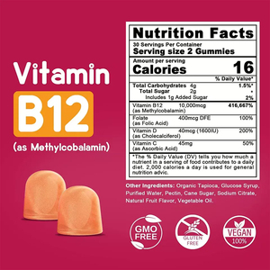 Etiqueta privada 10000mcg Vitamina B12 Gomitas Vitamina C <span class=keywords><strong>D3</strong></span> Vitaminas bajas en azúcar para adultos Aumentar el metabolismo Sistema nervioso Inmune - Product Image 2
