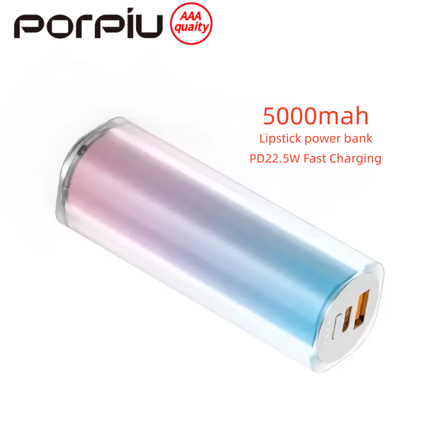 Outdoor Portable 5000Mah Ultra Slim Mini Lipstick Style Li-Polymer Power Bank PD22.5W Fast Charge 20W Type-C Input Interface