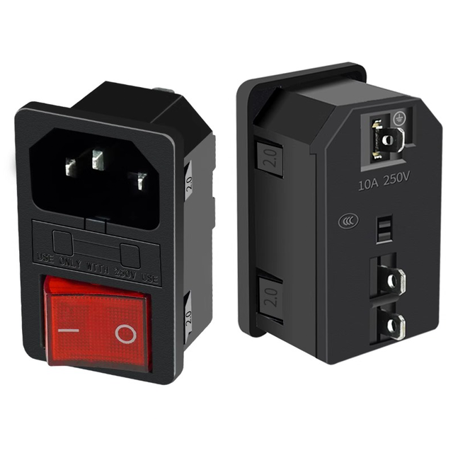 Red Light 10A250VAC Rocker Switch AC-01-2 Power Lnlet Socket LEC 320 C14 3Pin Connector Plug