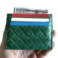 Dompet Kartu Minimalis Pria Warna Hijau Custom, Dompet Tipis Tempat Kartu Kredit, Dompet Kulit PU Anyaman untuk Pria, Dompet Mewah untuk Pria