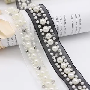 Deepeel RC122 2.5cm DIY Sewing Clothes Wedding Dress Accessory Ribbon Organza Rhinestone Pearl Beaded Lace
