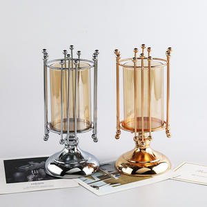 Geometric Gold Pillar Metal <strong>Candle</strong> Stand Decorative <strong>Candle</strong> <strong>Lantern</strong> with Removable Glass Cover - Product Image 3