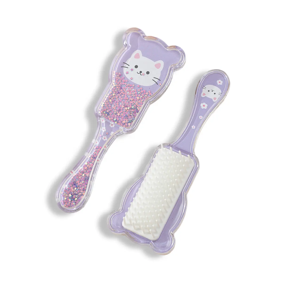 El diseño único presenta Lady Cat Ear Kitty Mini Hair Brush Lentejuelas Shake Glitter Hair Brush Purple Transparent Paddle Hair Brush