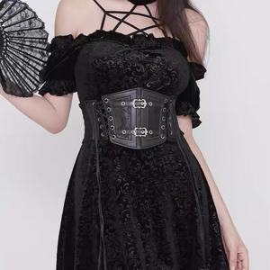 Ceinture élastique pour femme, style rétro européen et américain, en dentelle noire, en polyester/coton, fine, décontractée, cintrée, unie, tissée, pour les fêtes - Product Image 1