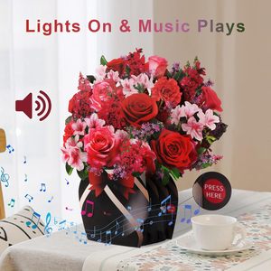 Cadeaux personnalisés Lumière LED et musique 3D Pop up Carte de voeux Bouquet de fleurs et de roses pour anniversaire de mariage Saint Valentin - Product Image 3
