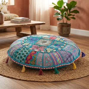 Coussin d'oreiller de sol brodé coloré fait à la main en patchwork indien Designer Décoration intérieure et utilisation hospitalière Technique non tissée - Product Image 2