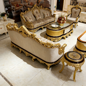 Set di Divani in Stile Reale Europeo, Arredamento per Soggiorno con Cornice Dorata Intagliata, Grande Set di Divani per Salotto - Product Image 3