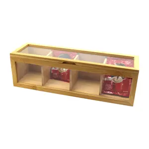 Boîte de rangement pour sachets de thé à 4 compartiments Finition en bois naturel Bambou Boîte de rangement pour sachets de thé avec fenêtre en acrylique transparent