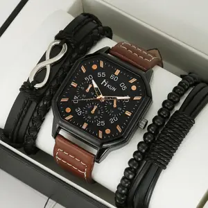 5 Pcs/Set Brand Watch for Men Jewelry Leather Strap Matte Black Men's Wrist Watches Quartz Japan Movement Bracelet Set