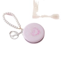 Cermin Rias Lipat Genggam Kecil Bergaya Girly dengan Motif Hati, Rantai Mutiara, dan Penutup Lipat, Bentuk Roti Bulat