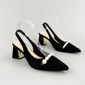 French Temperament Pearl Pointed Thick Heel Baotou Sandals Ladies Black Banquet High Heel Shoes
