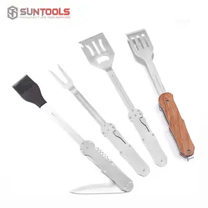 Cabo de madeira para acampamento, conjunto multifuncional de 4 peças para churrasco, pincel giratório com fenda para comida, garfo de silicone, abridor de escova para churrasco