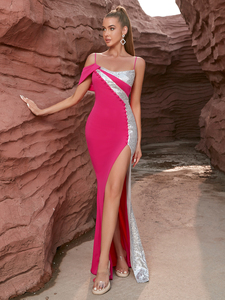 Vestido de Noche Rosa Asimétrico con Detalle de Lentejuelas Plateadas, Abertura Alta, Largo hasta el Suelo, Tirantes Finos, Sin Mangas - Product Image 5