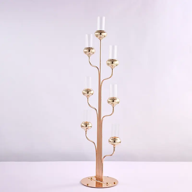 Alto luxo 5 7 braço candelabro candelabros de vidro com tampa de metal da flor do ouro celebração do casamento decoração do partido
