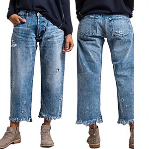 Jean en denim vintage pour femme, coupe ample, taille haute, jambe large, évasé, uni, délavé, effet usé, tissé, respirant, séchage rapide, printemps - Product Image 3