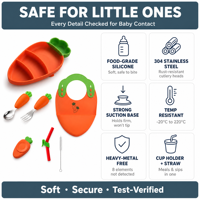 Ensemble d'alimentation en forme de carotte en silicone de qualité alimentaire pour bébé Bol à succion Assiette Cuillère Fourchette Bavoir Sans BPA Vaisselle de sevrage pour tout-petits enfants