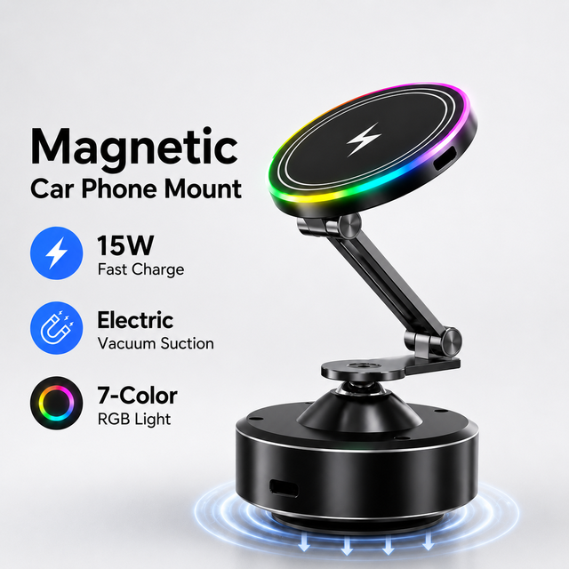 15W Magnetic Wireless Car Charger Mount Electric Vacuum Suction Phone Holder RGB Fast Charging Car Phone Stand