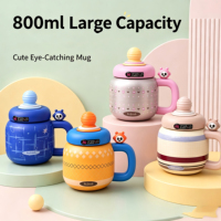 Bouteille isotherme portable en acier inoxydable de 800 ml avec paille, motif dessin animé mignon personnalisé pour enfants, cadeau idéal pour filles