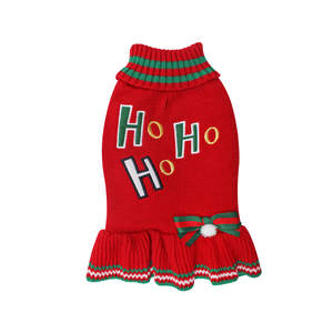 Vestito per cani rosso natalizio con ricamo Ho Ho Ho, collo alto, fiocco a volant, a costine, caldo e accogliente per l'inverno, personalizzabile con logo, per cani di piccola taglia femmina - Product Image 2