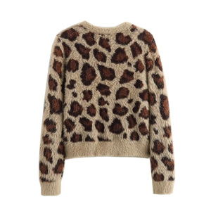 Women's Leopard Print Knitted <b>Cardigan</b> Short Round Neck Loose Fit Anti-Pilling Winter Sweater - Product Image 5