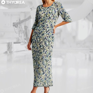 OEKO TEX all'ingrosso su misura di abbigliamento fabbricazione di <span class=keywords><strong>moda</strong></span> <span class=keywords><strong>Design</strong></span> O collo stampato manica corta abito da donna per le vacanze - Product Image 1