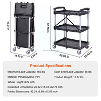 Chariot de service industriel portable pliable à 3 niveaux, durable, à quatre roues, avec poignée, polyvalent, pour cuisine et bureau, plateforme en plastique, OEM