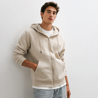 Sweat à capuche zippé oversize beige pour homme - 100% coton molletonné, veste décontractée pour l'entraînement