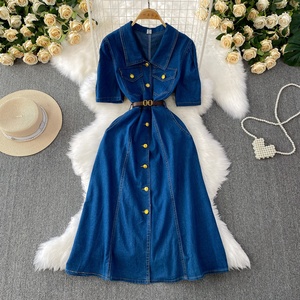Vestido de mezclilla para mujer, estilo <span class=keywords><strong>camisa</strong></span>, con hebilla metálica de alta gama, ajustado y que estiliza la figura, ideal para el verano. - Product Image 1