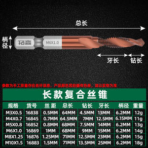 Jeu de tarauds composés à queue hexagonale Tuosen M3 à M12 pour métaux non ferreux, revêtement TiCN, pour utilisation avec perceuse - Product Image 2